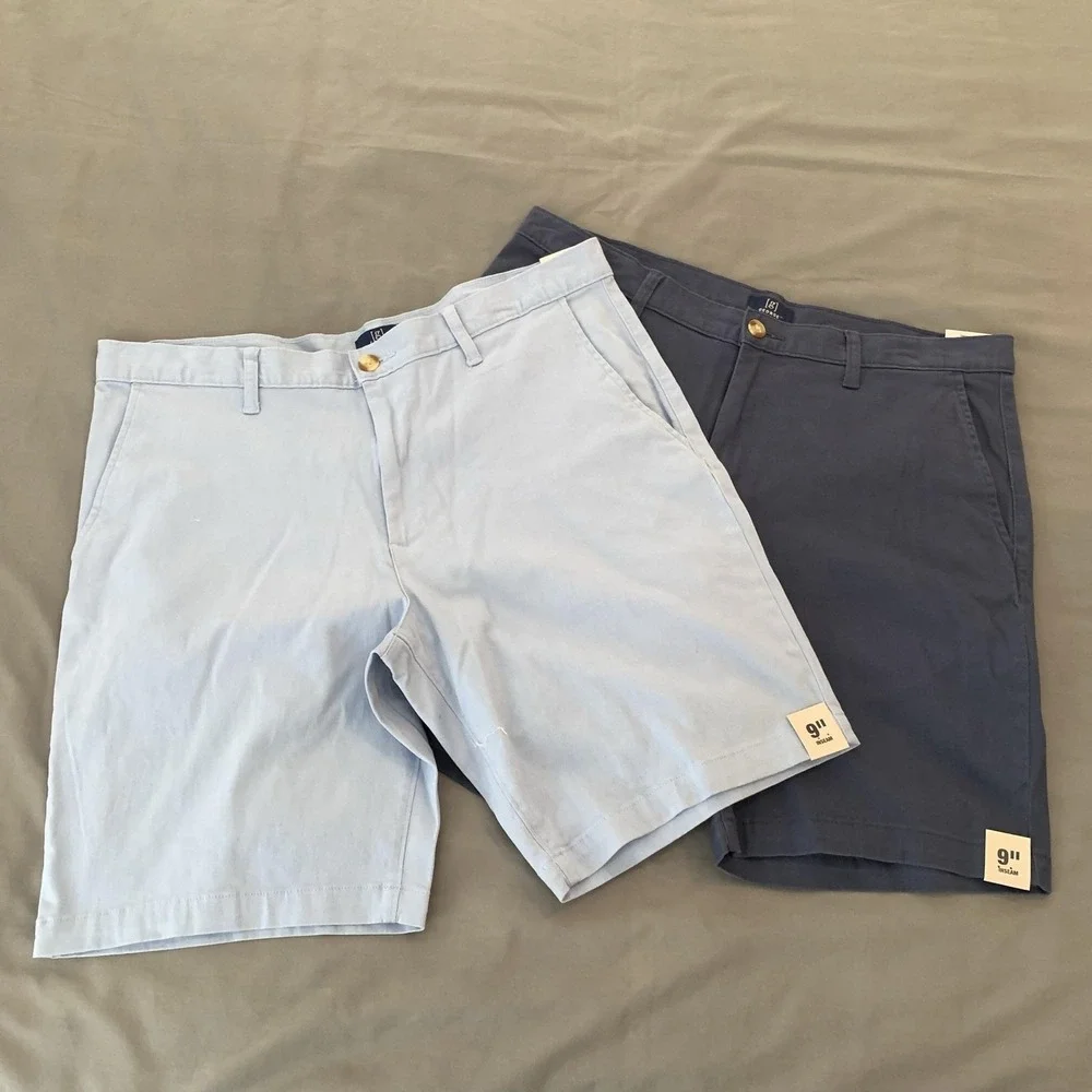 Shorts Mens 34 Light Blue Navy Chino Lot Of 2 Flat Front Stretch 9 Inseam Golf